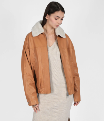 Zip up leather bomber jacket with faux shearling trim collar